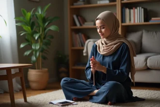 Jeune femme musulmane priant dans un salon chaleureux