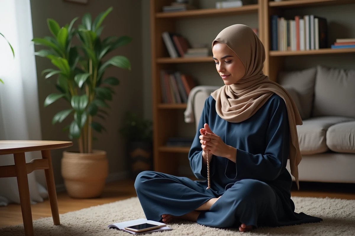 Jeune femme musulmane priant dans un salon chaleureux