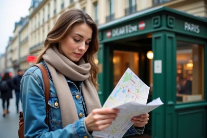 Jeune femme avec carte de Paris en extérieur
