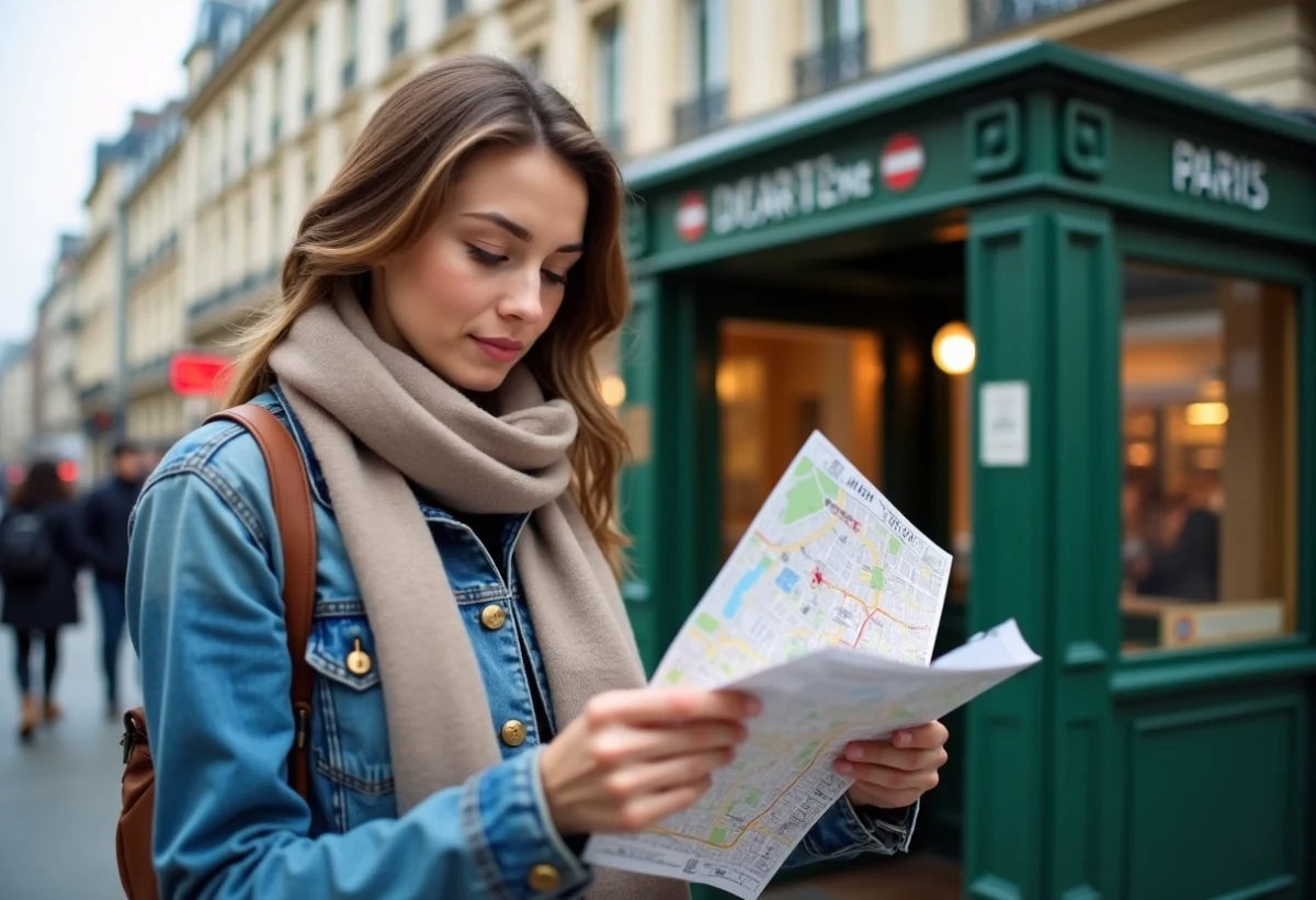 Jeune femme avec carte de Paris en extérieur