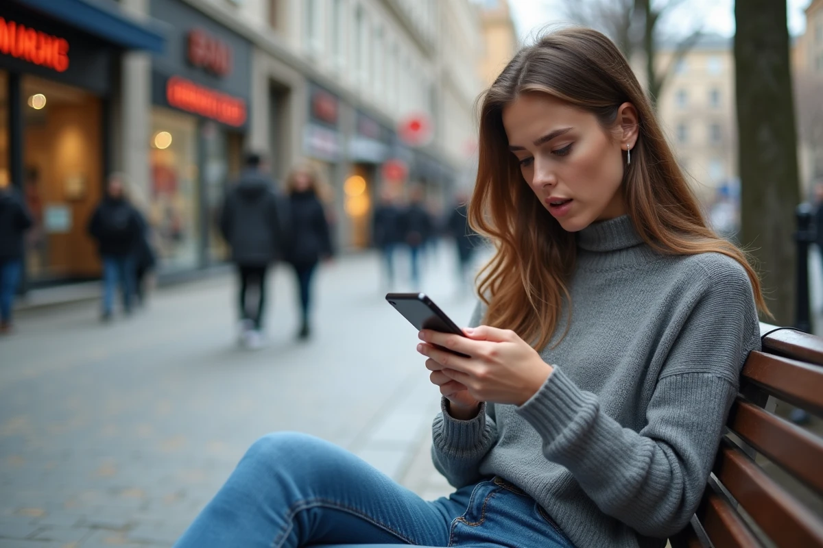 Jeune femme surprise regardant son smartphone en ville
