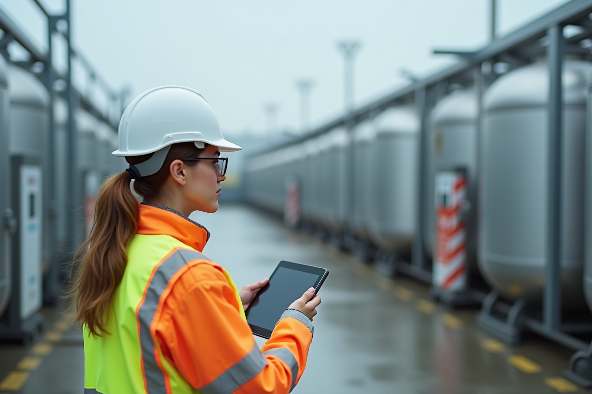 Jeune ingénieure surveillant une station de recharge hydrogene