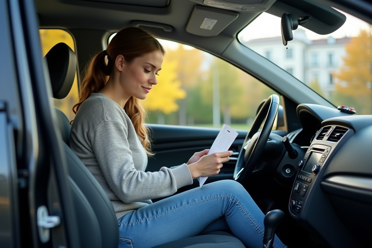 Jeune femme vérifiant une liste dans la voiture
