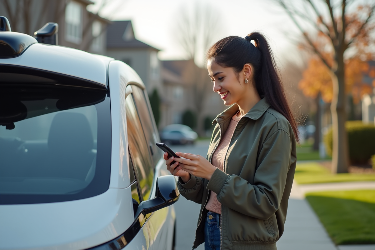 Jeune femme souriante avec smartphone près d