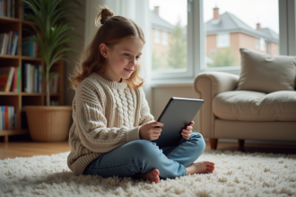 Jeune fille de 12 ans avec un pull confortable et jeans dans un salon