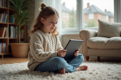 Jeune fille de 12 ans avec un pull confortable et jeans dans un salon