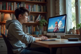 Jeune homme français regardant anime sur ordinateur