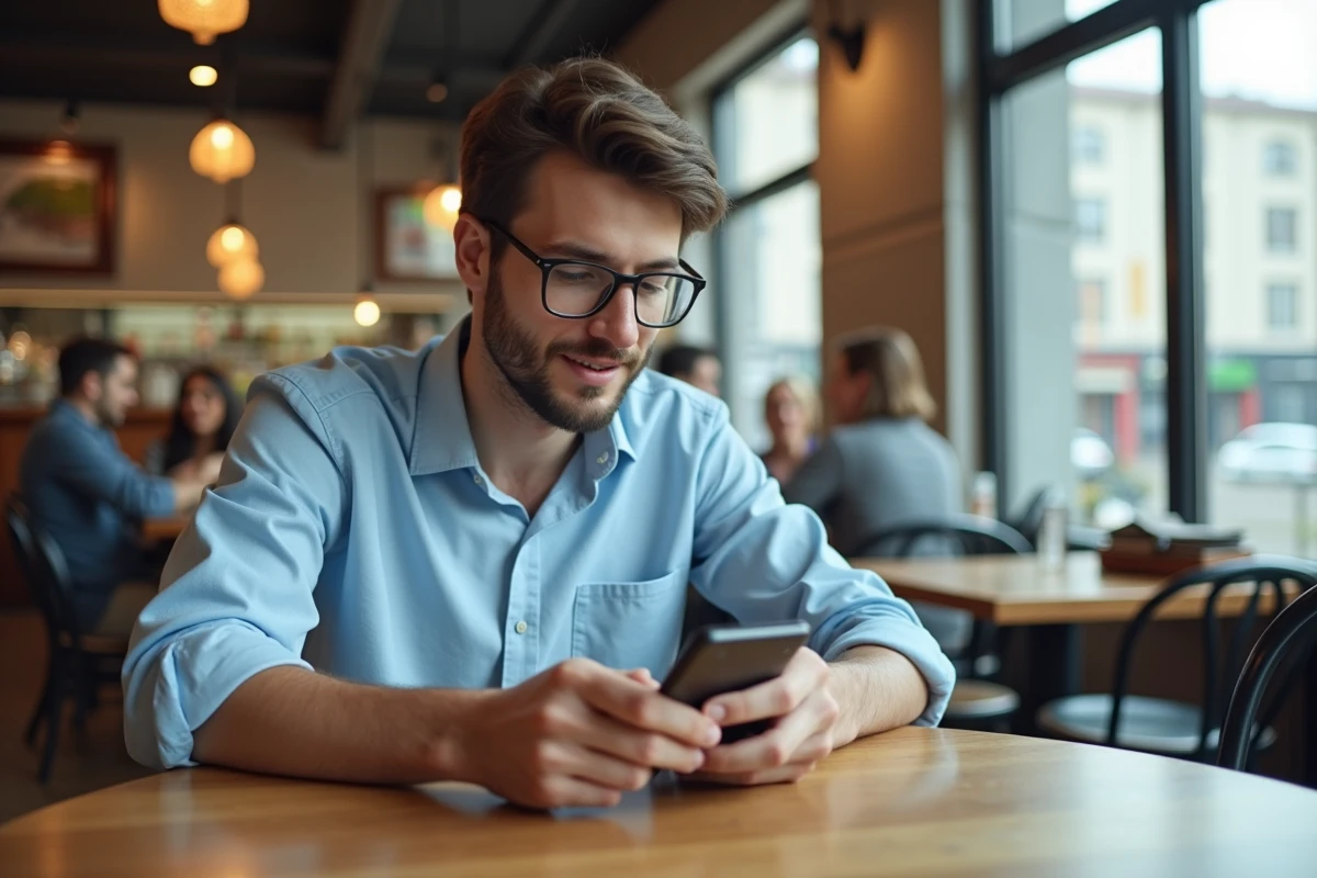 Jeune homme utilisant une application de calcul sur smartphone au café