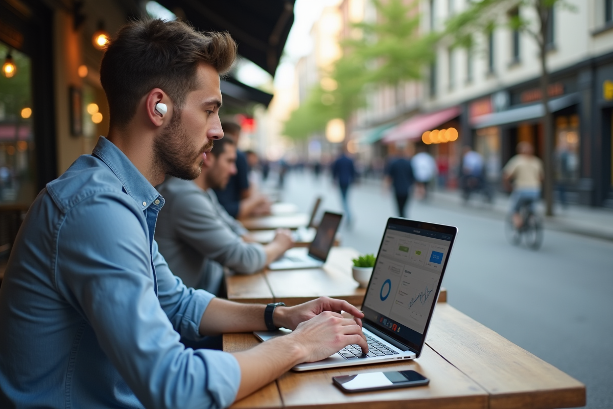 Jeune homme utilise un tableau de bord marketing en extérieur