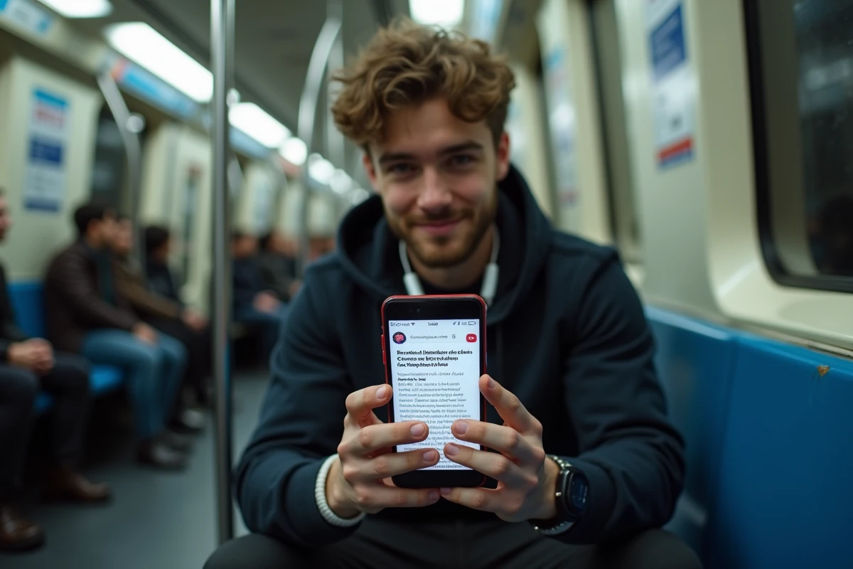 Jeune homme dans le métro parisien souriant en lisant un site de satire politique française sur son smartphone
