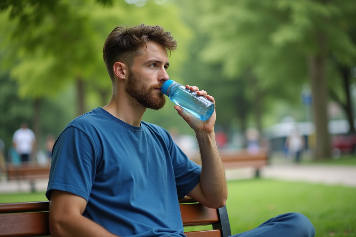 Jeune homme buvant dans un parc avec pilulier à côté