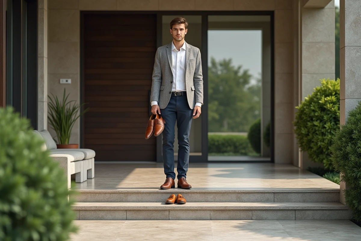 Jeune homme posant des chaussures devant une maison moderne