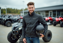 Jeune homme avec casque et veste près d'un quad en concession