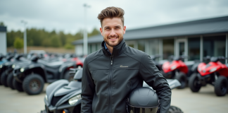 Jeune homme avec casque et veste près d'un quad en concession