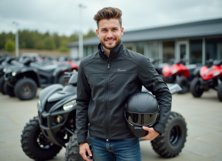 Où dénicher un quad homologué : guide exhaustif pour les passionnés de sports mécaniques Jeune homme avec casque et veste près d'un quad en concession