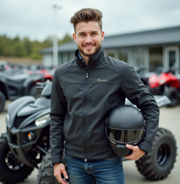 Où dénicher un quad homologué : guide exhaustif pour les passionnés de sports mécaniques Jeune homme avec casque et veste près d'un quad en concession