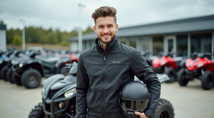 Jeune homme avec casque et veste près d'un quad en concession