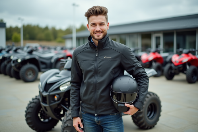 Jeune homme avec casque et veste près d'un quad en concession