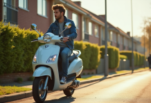 Jeune homme en denim sur scooter dans un quartier résidentiel