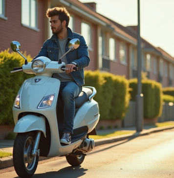 Comparatif des modèles Skyteam Dax 50cc : lequel choisir ? Jeune homme en denim sur scooter dans un quartier résidentiel