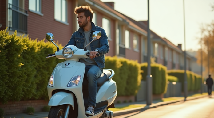 Jeune homme en denim sur scooter dans un quartier résidentiel