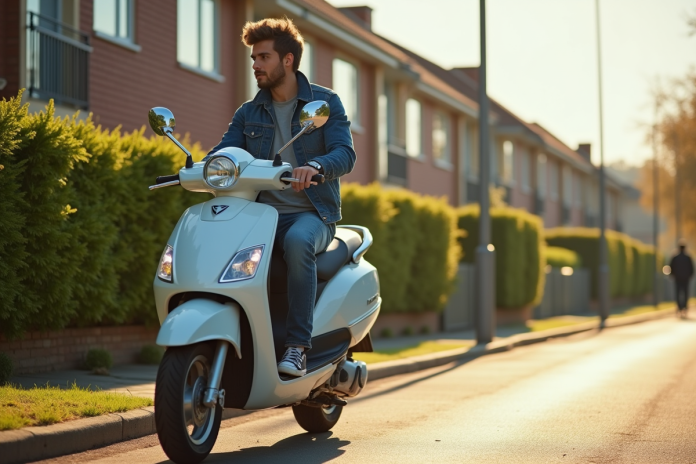 Jeune homme en denim sur scooter dans un quartier résidentiel