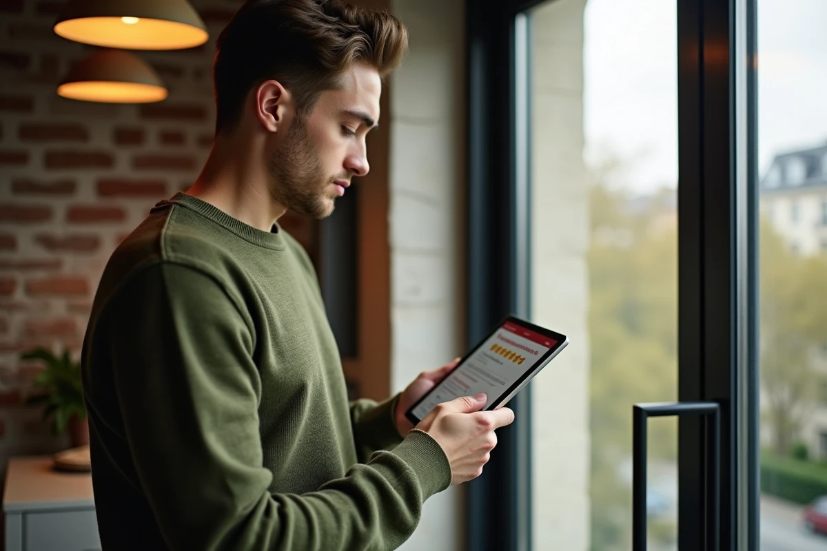 Jeune homme français utilisant une tablette dans un appartement parisien