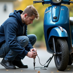 Jeune homme vérifiant la pression du pneu d'un scooter bleu