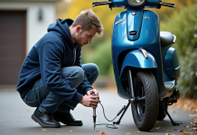 Jeune homme vérifiant la pression du pneu d'un scooter bleu