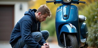 Jeune homme vérifiant la pression du pneu d'un scooter bleu