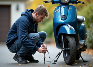 Jeune homme vérifiant la pression du pneu d'un scooter bleu