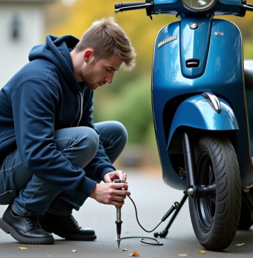 Entretien et maintenance de votre scooter 50 cm³ : les indispensables Jeune homme vérifiant la pression du pneu d'un scooter bleu