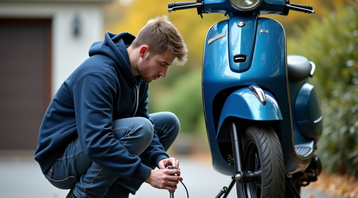 Jeune homme vérifiant la pression du pneu d'un scooter bleu