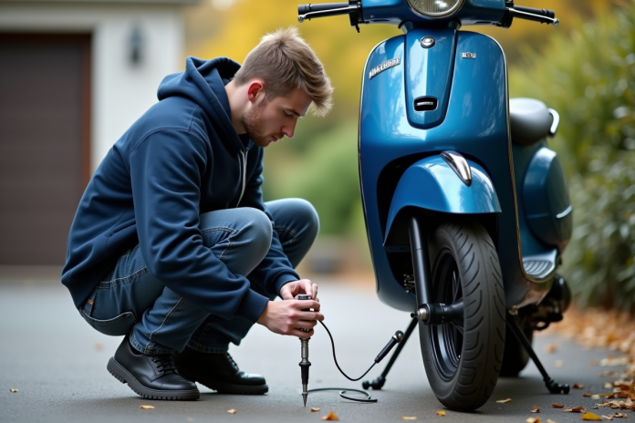 Jeune homme vérifiant la pression du pneu d'un scooter bleu