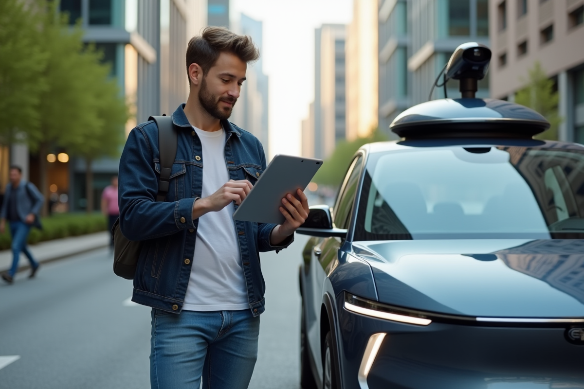 Jeune ingénieur analyse une voiture autonome en ville