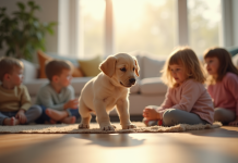 Jeune Labrador jouant avec des enfants dans un salon lumineux
