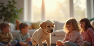 Jeune Labrador jouant avec des enfants dans un salon lumineux