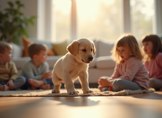 Conseils pour socialiser un chiot de labrador dès ses premières semaines Jeune Labrador jouant avec des enfants dans un salon lumineux