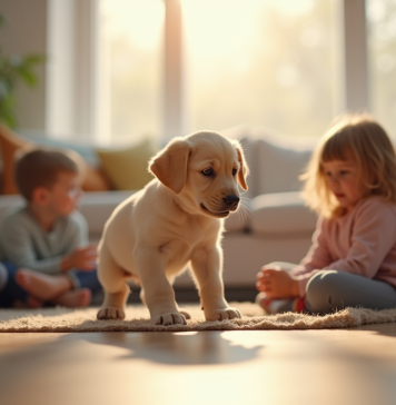 Jeune Labrador jouant avec des enfants dans un salon lumineux