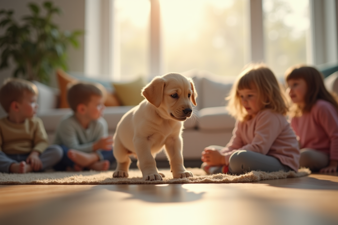 jeune-labrador-enfant-salon Jeune Labrador jouant avec des enfants dans un salon lumineux