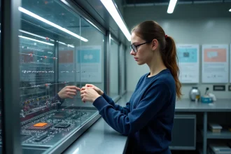 Jeune physicienne examinant un circuit quantique dans un laboratoire