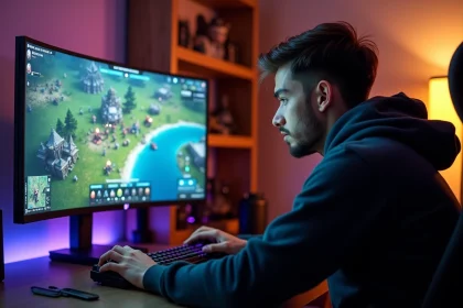Joueur adulte concentré devant un PC gaming affichant un jeu de stratégie en temps réel sur écran ultrawide
