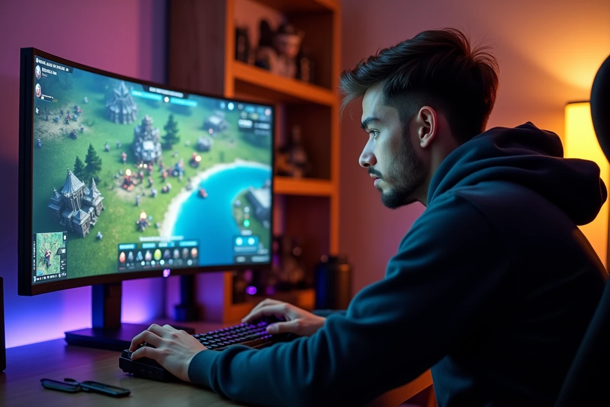 Joueur adulte concentré devant un PC gaming affichant un jeu de stratégie en temps réel sur écran ultrawide