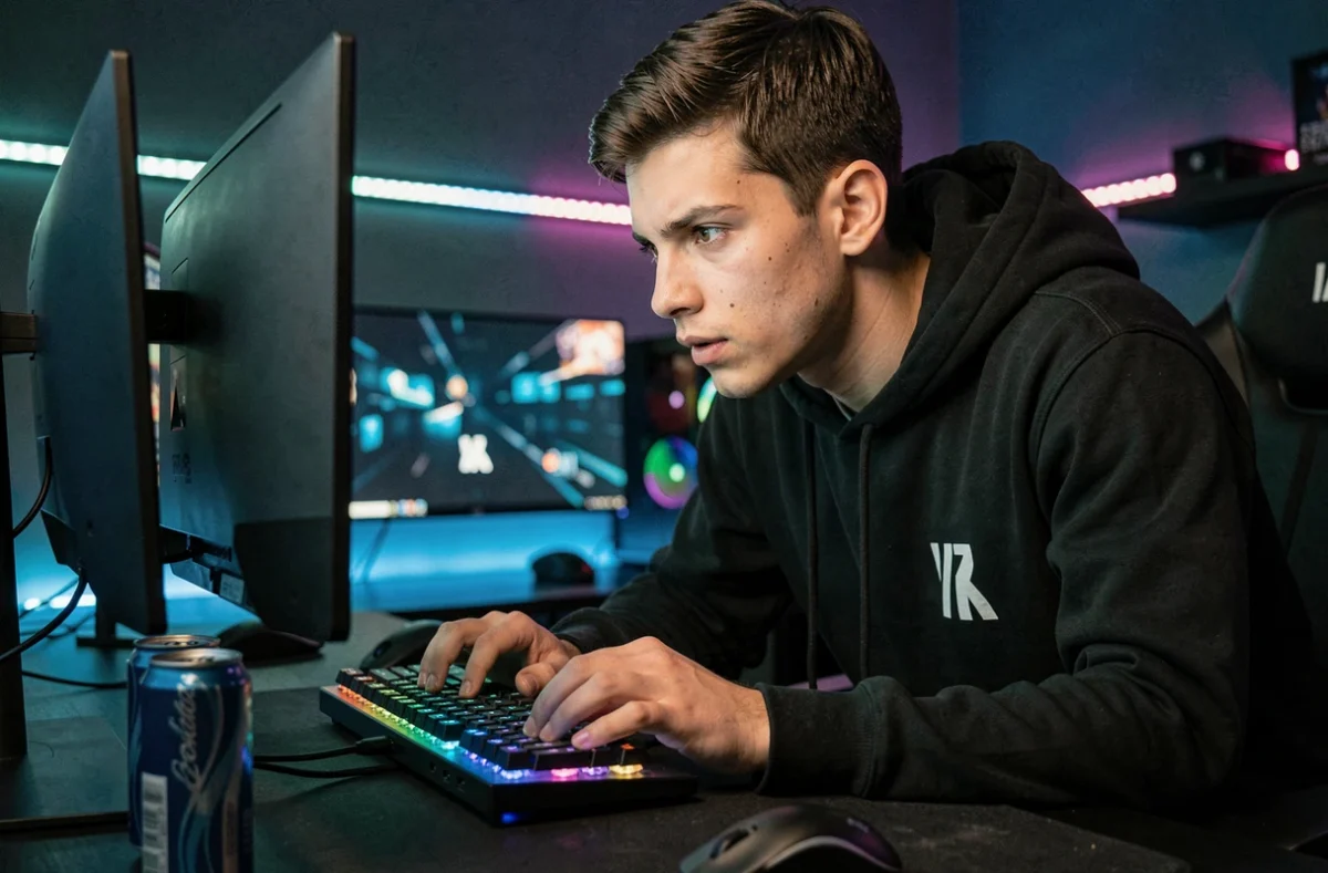 Joueur tryhard concentré devant son setup gaming avec clavier mécanique et double écran