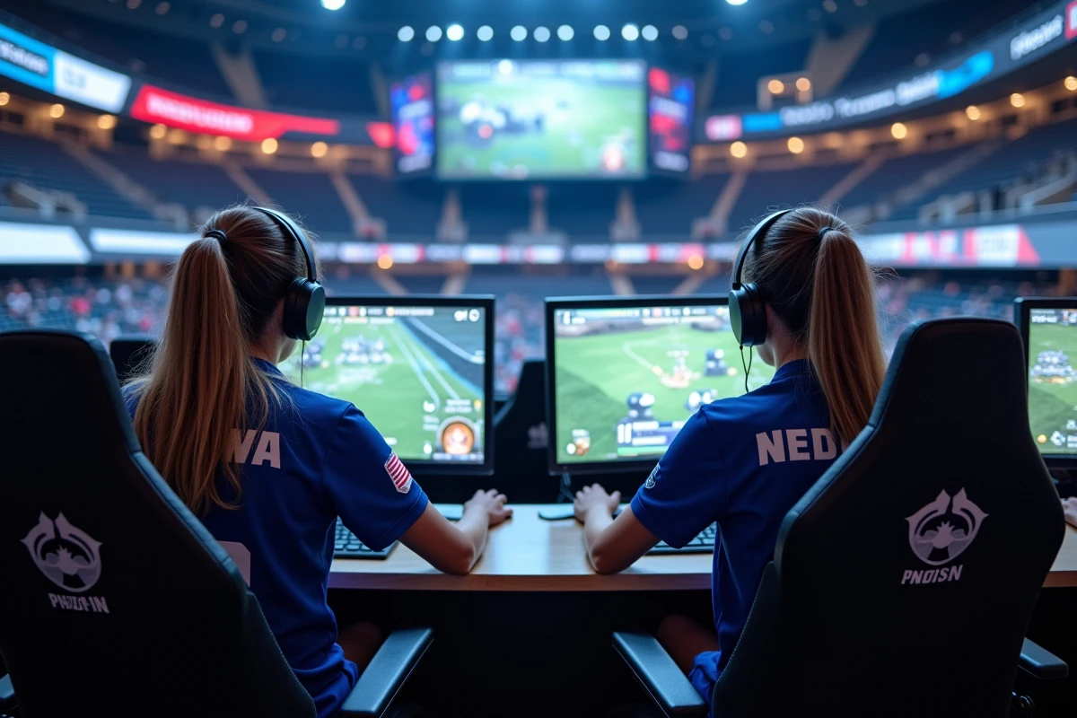 Deux joueuses professionnelles en compétition dans une arène esport sur un jeu de stratégie de guerre