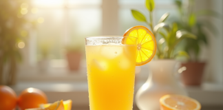 Verre de jus d'orange frais sur une table blanche