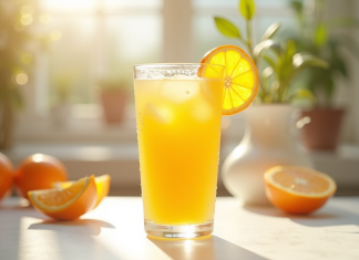 Verre de jus d'orange frais sur une table blanche