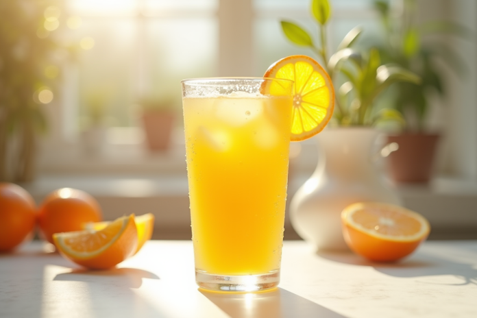 jus-orange-frais Verre de jus d'orange frais sur une table blanche