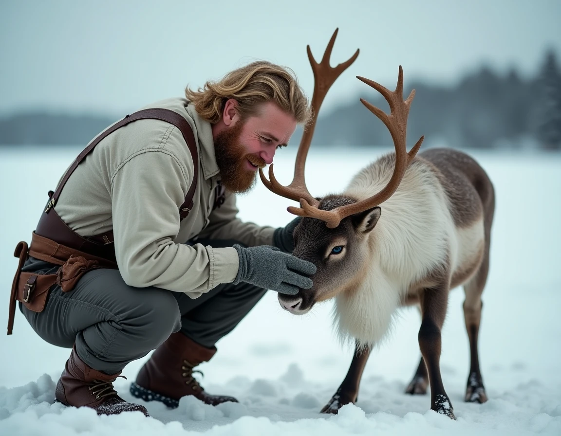 Homme blond rustique en tenue simple accroupi affectueusement auprès d'un grand renne dans la neige, illustrant la relation unique entre Kristoff et Sven dans l'univers Disney