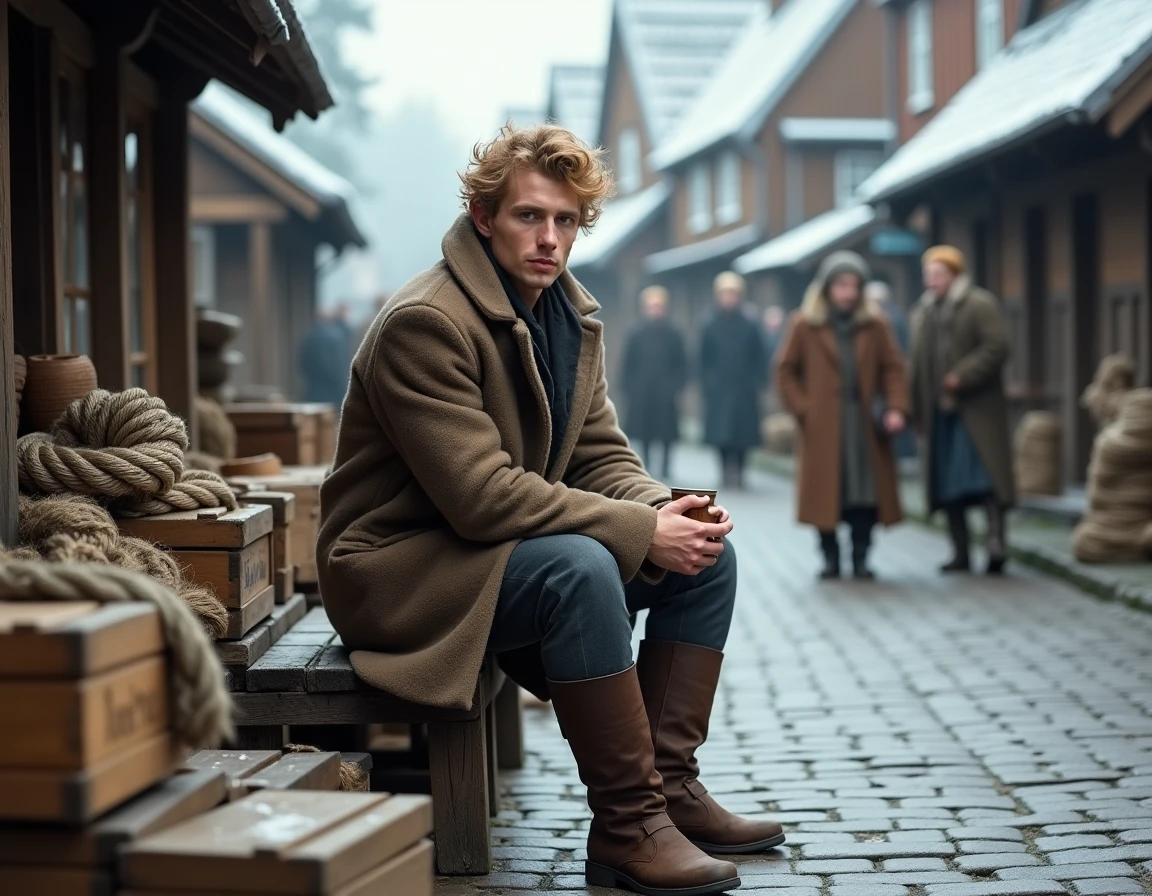 Homme ordinaire en manteau de laine épais assis dans un marché villageois scandinave enneigé, illustrant le caractère humble et non-princier de Kristoff dans l'univers Disney